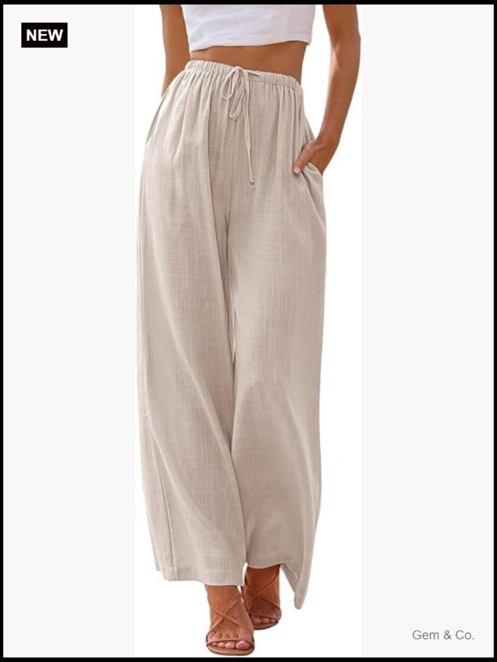 Women's Linen Palazzo Pants Flowy Wide Leg Summer Pants with Pockets - Picture 1 of 6